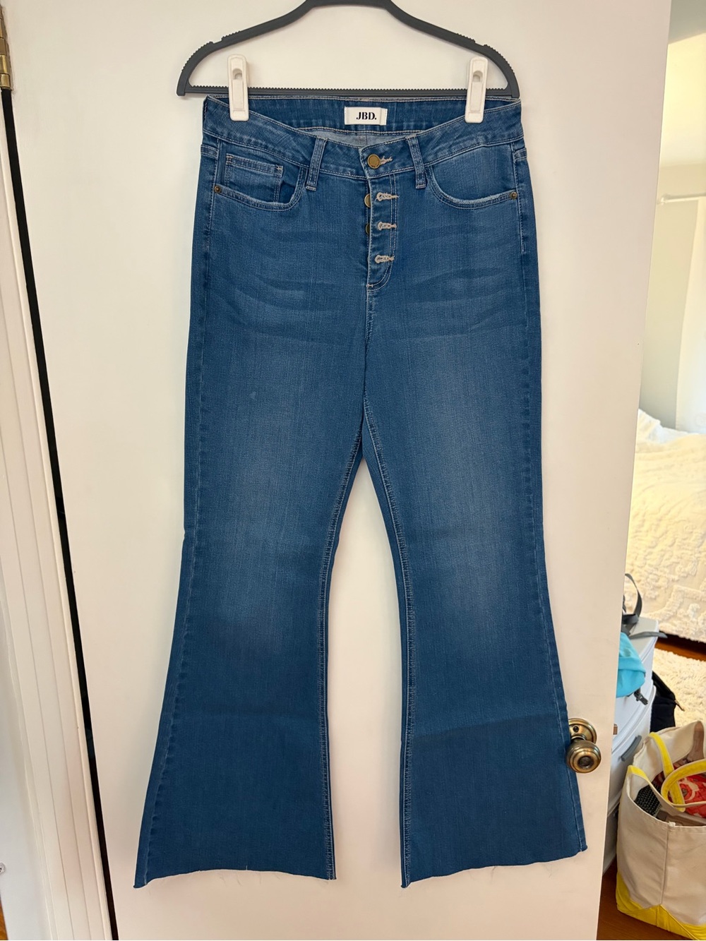 High-Rise Button-Fly Flare Jeans in Medium Blue